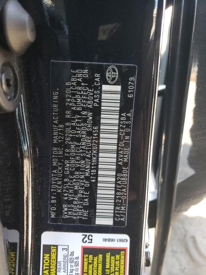 2019 Toyota Camry VIN 4T1B11HK7KU721456 Copart auction photo, front end / minor dent/scratches damage thumbnail 12