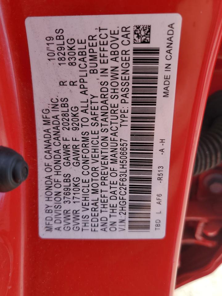 2020 Honda Civic VIN 2HGFC2F63LH506657 Copart auction photo, all over damage thumbnail 14
