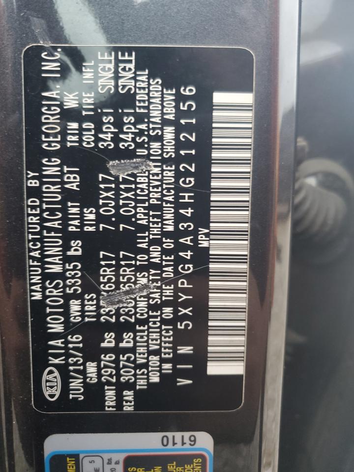 2017 KIA Sorento VIN 5XYPG4A34HG212156 Copart auction photo, front end damage thumbnail 13