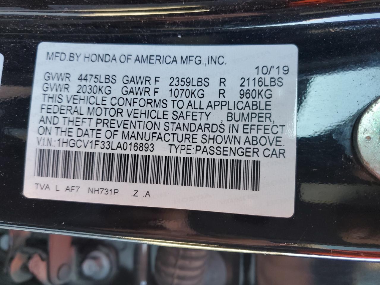 2020 Honda Accord VIN 1HGCV1F33LA016893 Copart auction photo, front end damage thumbnail 14
