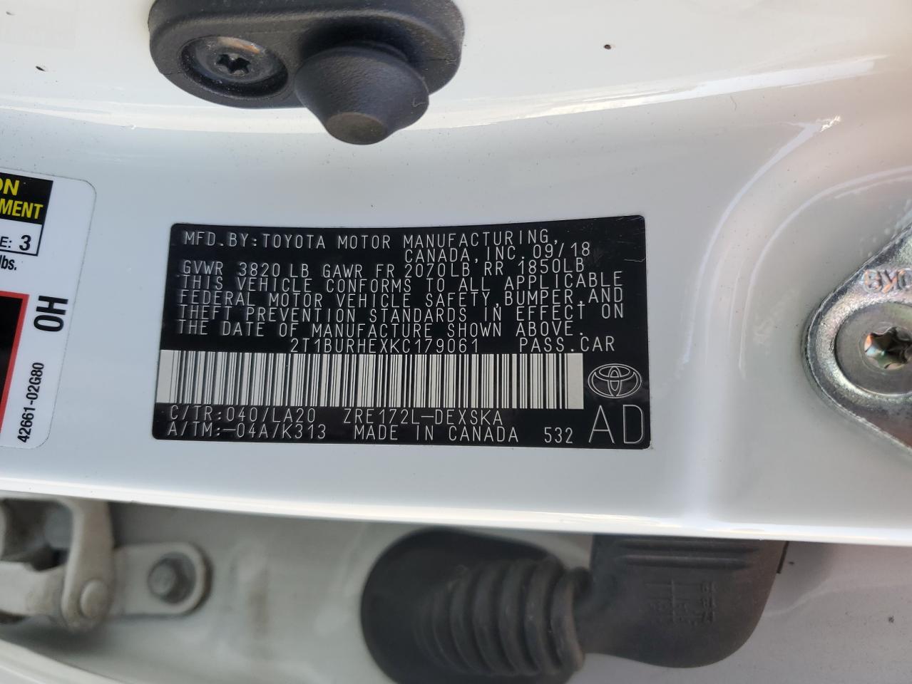 2019 Toyota Corolla VIN 2T1BURHEXKC179061 Copart auction photo, front end damage thumbnail 15