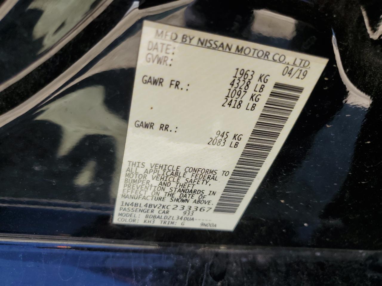 2019 Nissan Altima VIN 1N4BL4BV2KC233367 Copart auction photo, front end / rear end damage thumbnail 12
