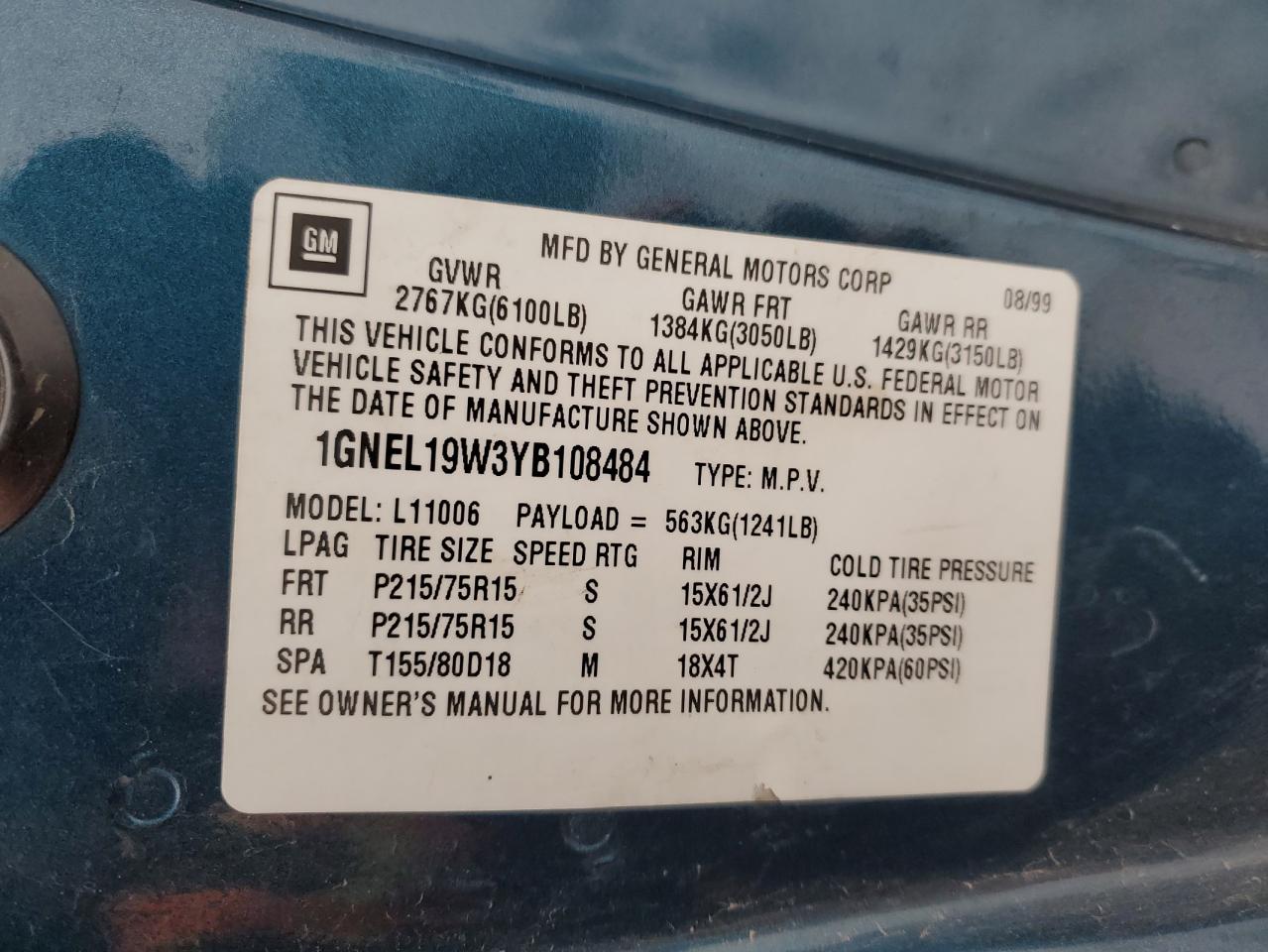 2000 Chevrolet Astro VIN 1GNEL19W3YB108484 Copart auction photo, side / rear end damage thumbnail 15