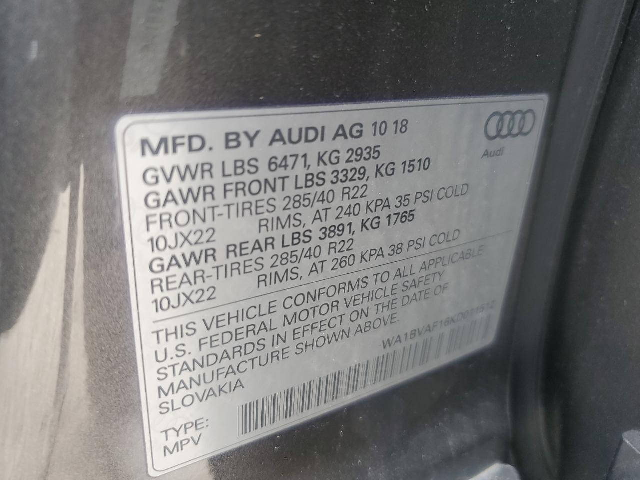 2019 Audi Q8 VIN WA1BVAF16KD011512 Copart auction photo, front end / minor dent/scratches damage thumbnail 12