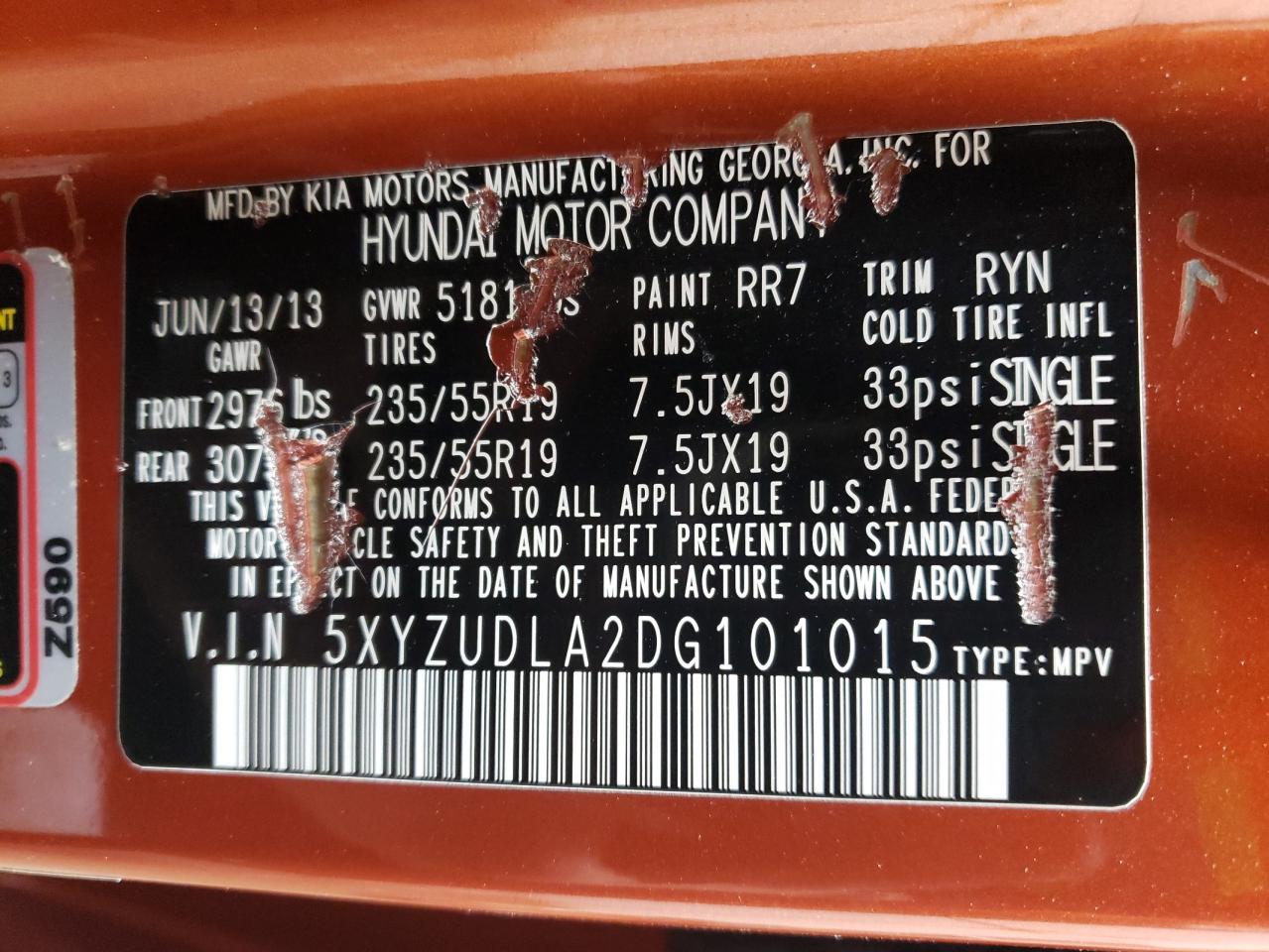 2013 Hyundai Santa Fe VIN 5XYZUDLA2DG101015 Copart auction photo, mechanical / minor dent/scratches damage thumbnail 13