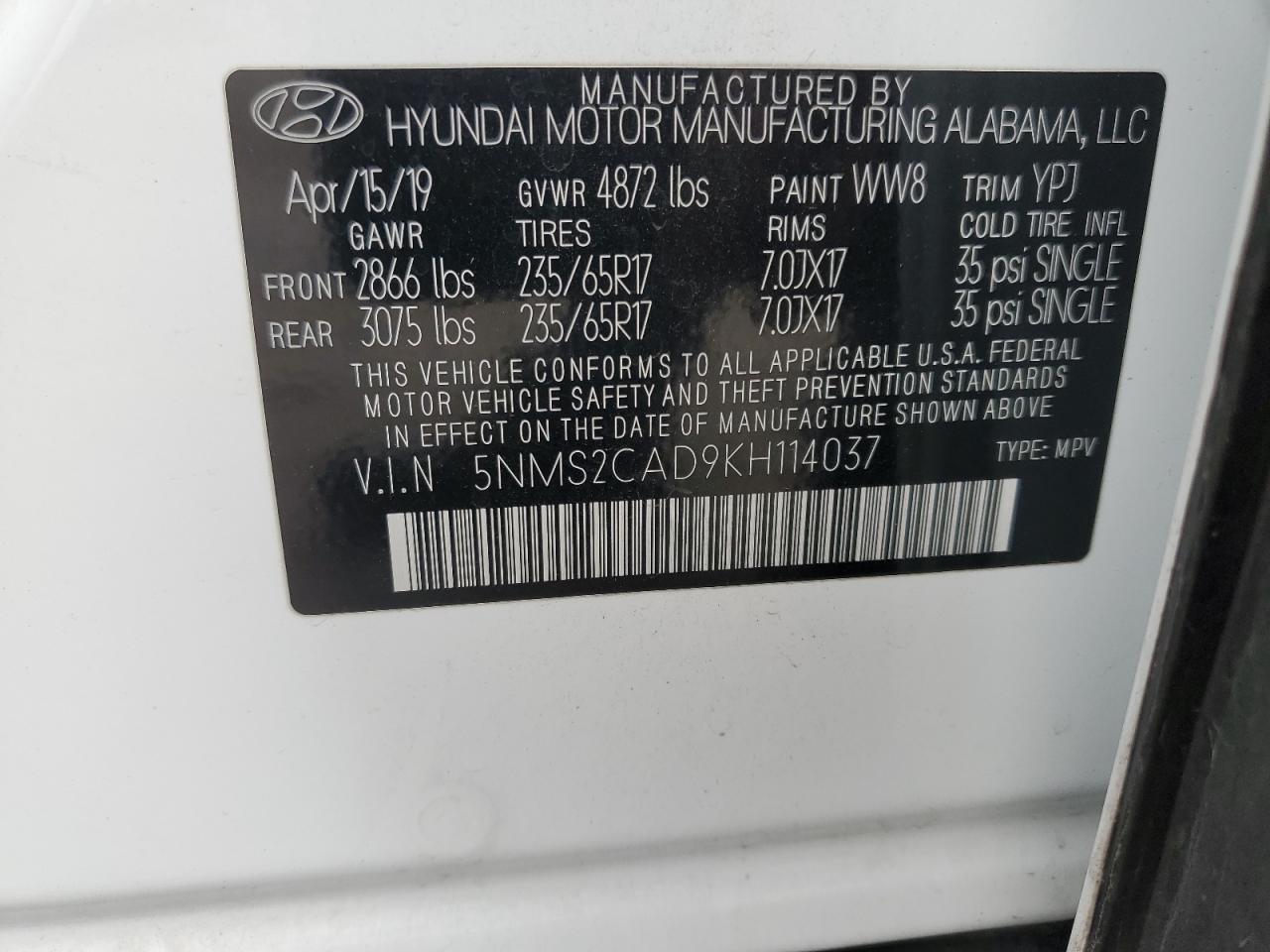 2019 Hyundai Santa Fe VIN 5NMS2CAD9KH114037 Copart auction photo, front end / side damage thumbnail 15