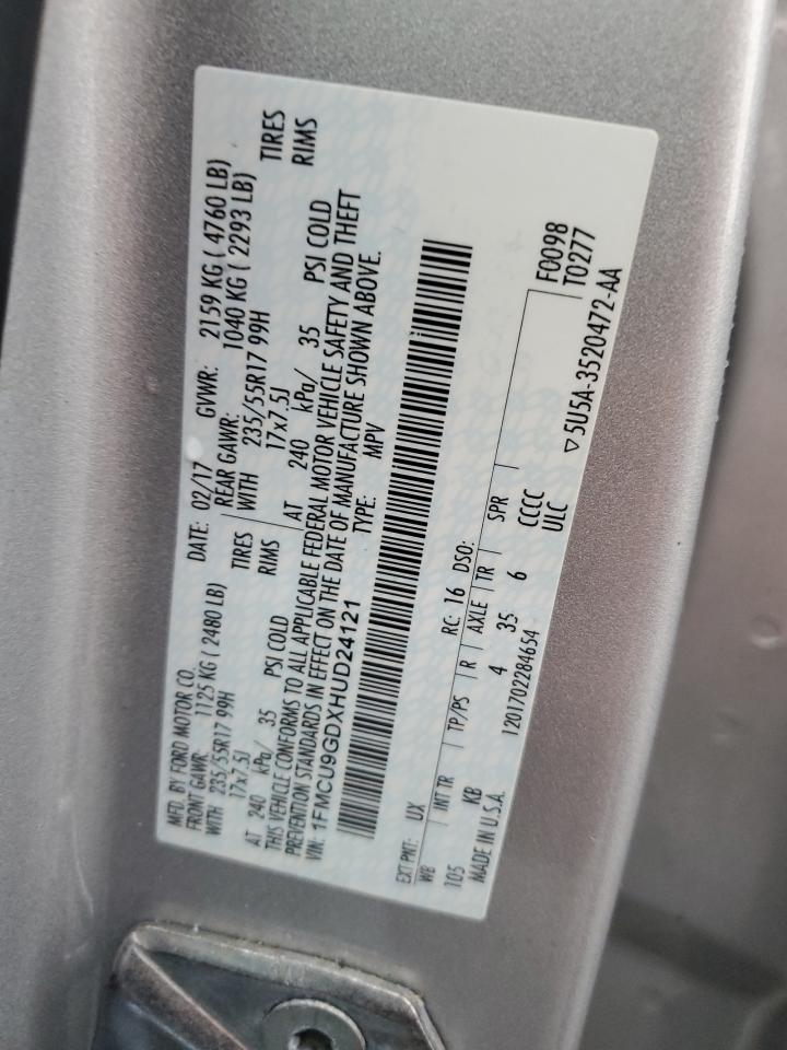 2017 Ford Escape VIN 1FMCU9GDXHUD24121 Copart auction photo, front end damage thumbnail 13