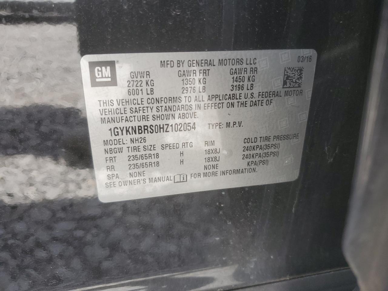 2017 Cadillac XT5 VIN 1GYKNBRS0HZ102054 Copart auction photo, front end damage thumbnail 15