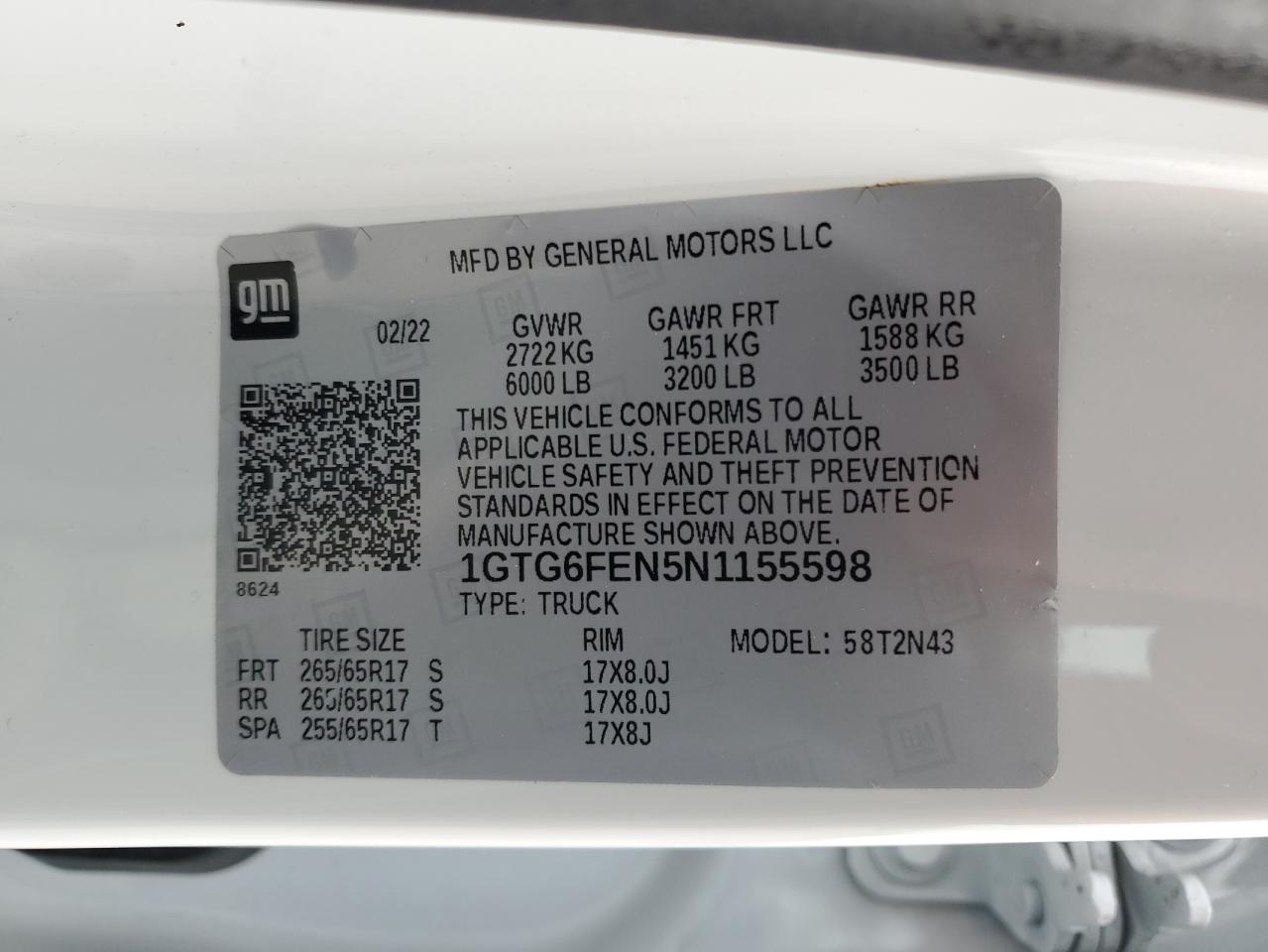 2022 GMC Canyon VIN 1GTG6FEN5N1155598 Copart auction photo, all over / undercarriage damage thumbnail 13