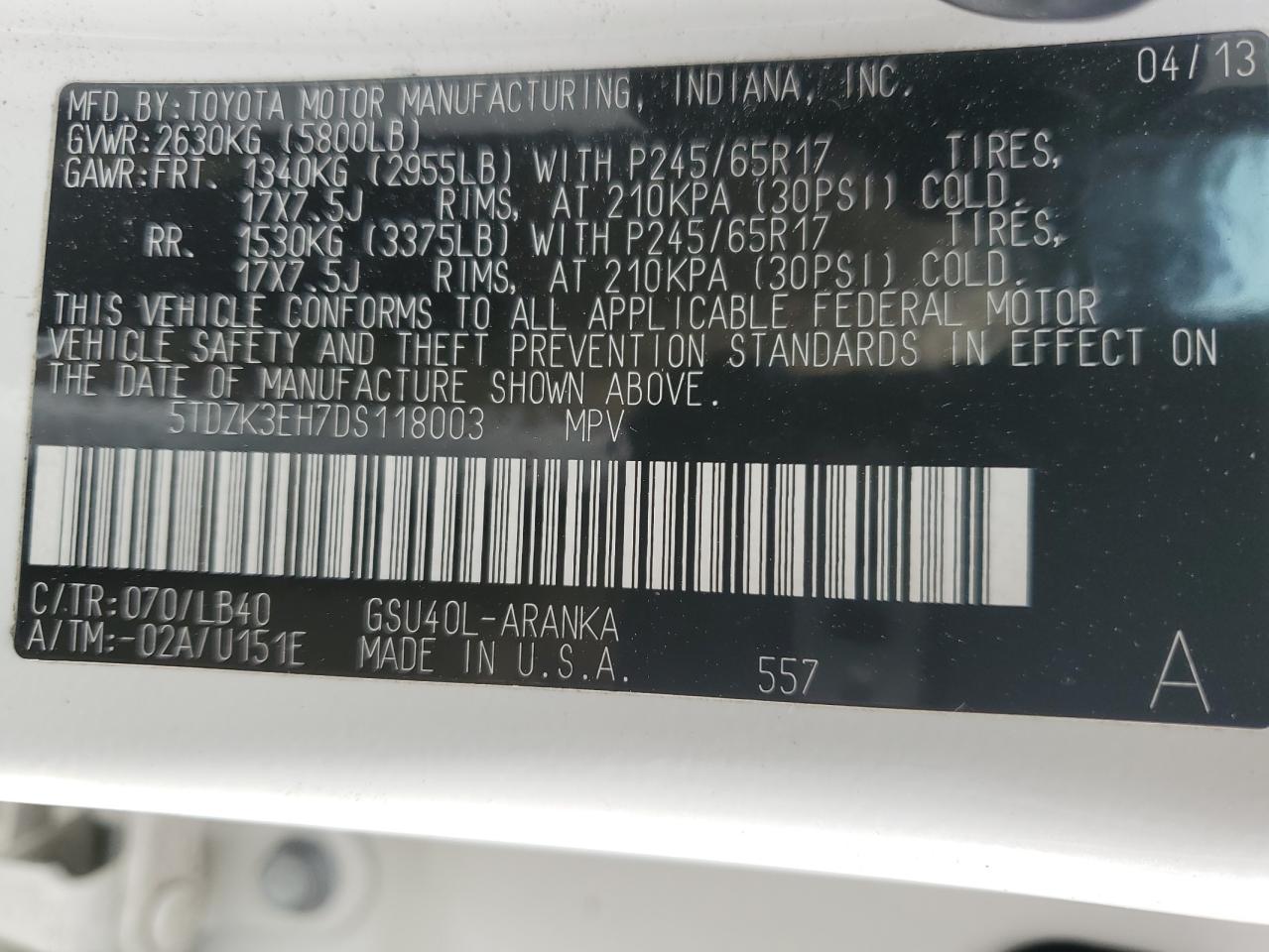 2013 Toyota Highlander VIN 5TDZK3EH7DS118003 Copart auction photo, rear end / hail damage thumbnail 13