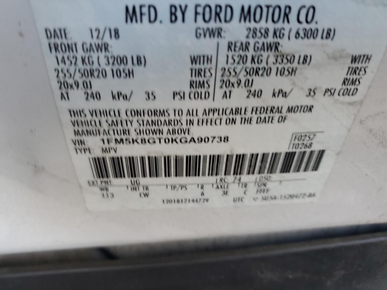 2019 Ford Explorer VIN 1FM5K8GT0KGA90738 Copart auction photo, side / front end damage thumbnail 12