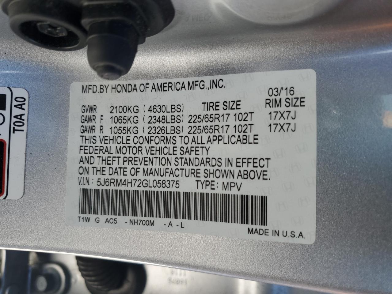 2016 Honda CR-V VIN 5J6RM4H72GL058375 Copart auction photo, front end / side damage thumbnail 13