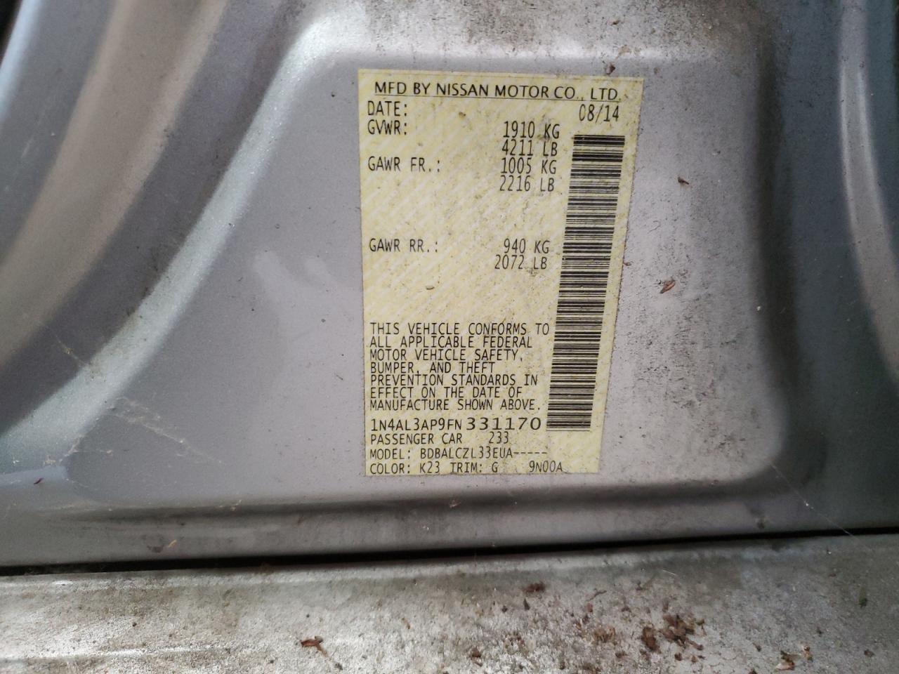 2015 Nissan Altima VIN 1N4AL3AP9FN331170 Copart auction photo, undercarriage damage thumbnail 12