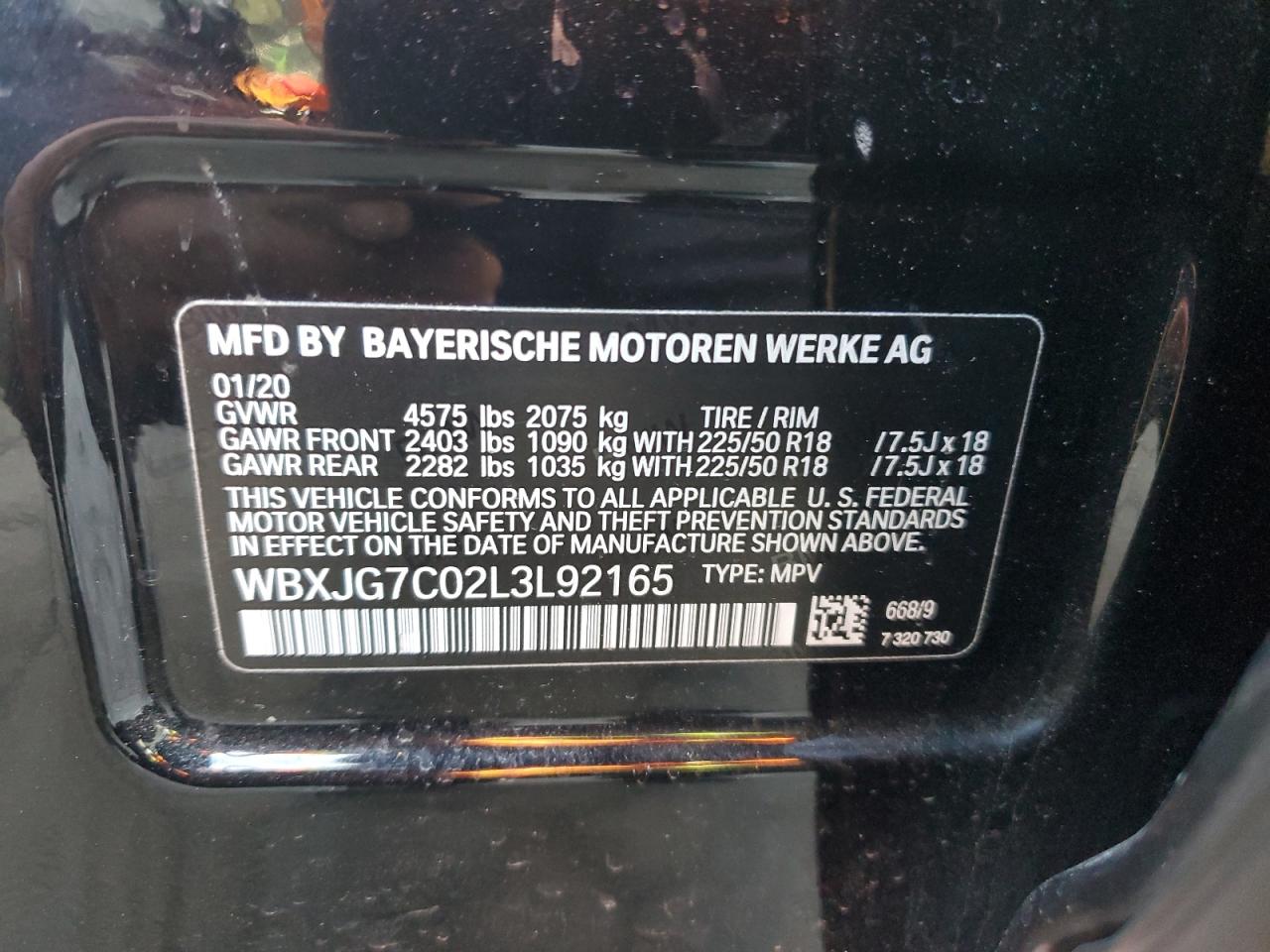2020 BMW X1 VIN WBXJG7C02L3L92165 Copart auction photo, side / front end damage thumbnail 15
