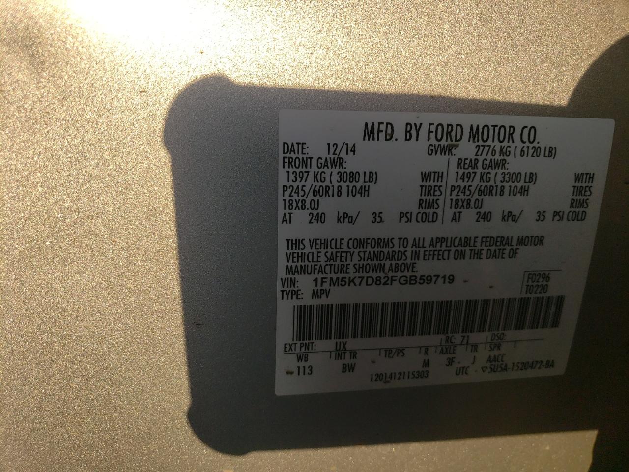 2015 Ford Explorer VIN 1FM5K7D82FGB59719 Copart auction photo, side / front end damage thumbnail 12