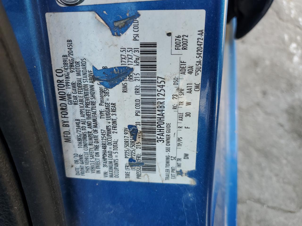 2011 Ford Fusion VIN 3FAHP0HA4BR125457 Copart auction photo, all over damage thumbnail 15