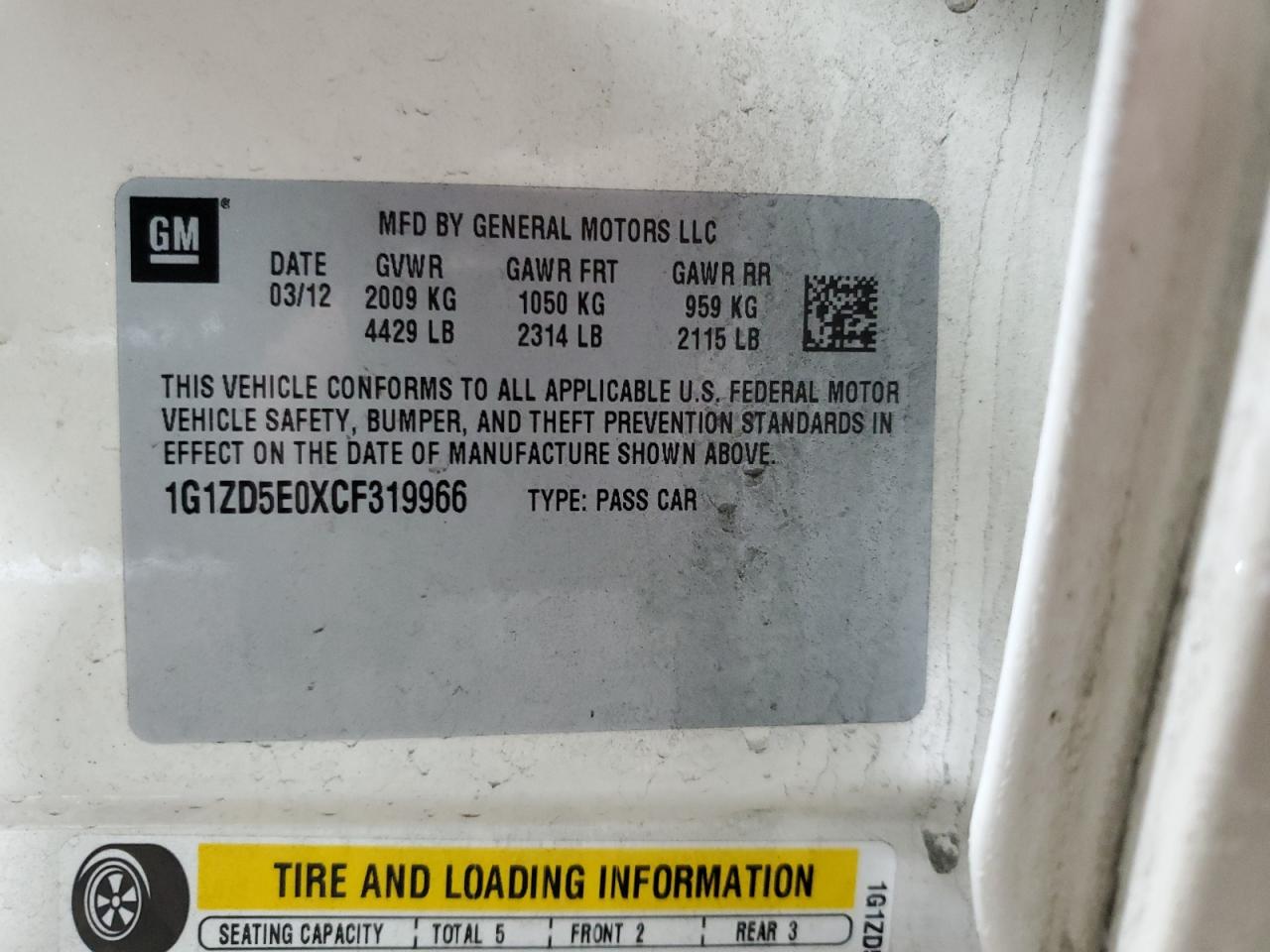 2012 Chevrolet Malibu VIN 1G1ZD5E0XCF319966 Copart auction photo, front end / minor dent/scratches damage thumbnail 12