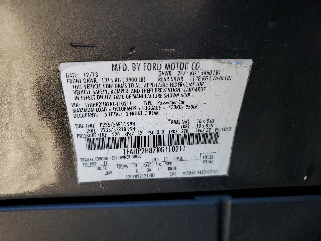 2019 Ford Taurus VIN 1FAHP2H87KG110211 Copart auction photo, front end / minor dent/scratches damage thumbnail 13