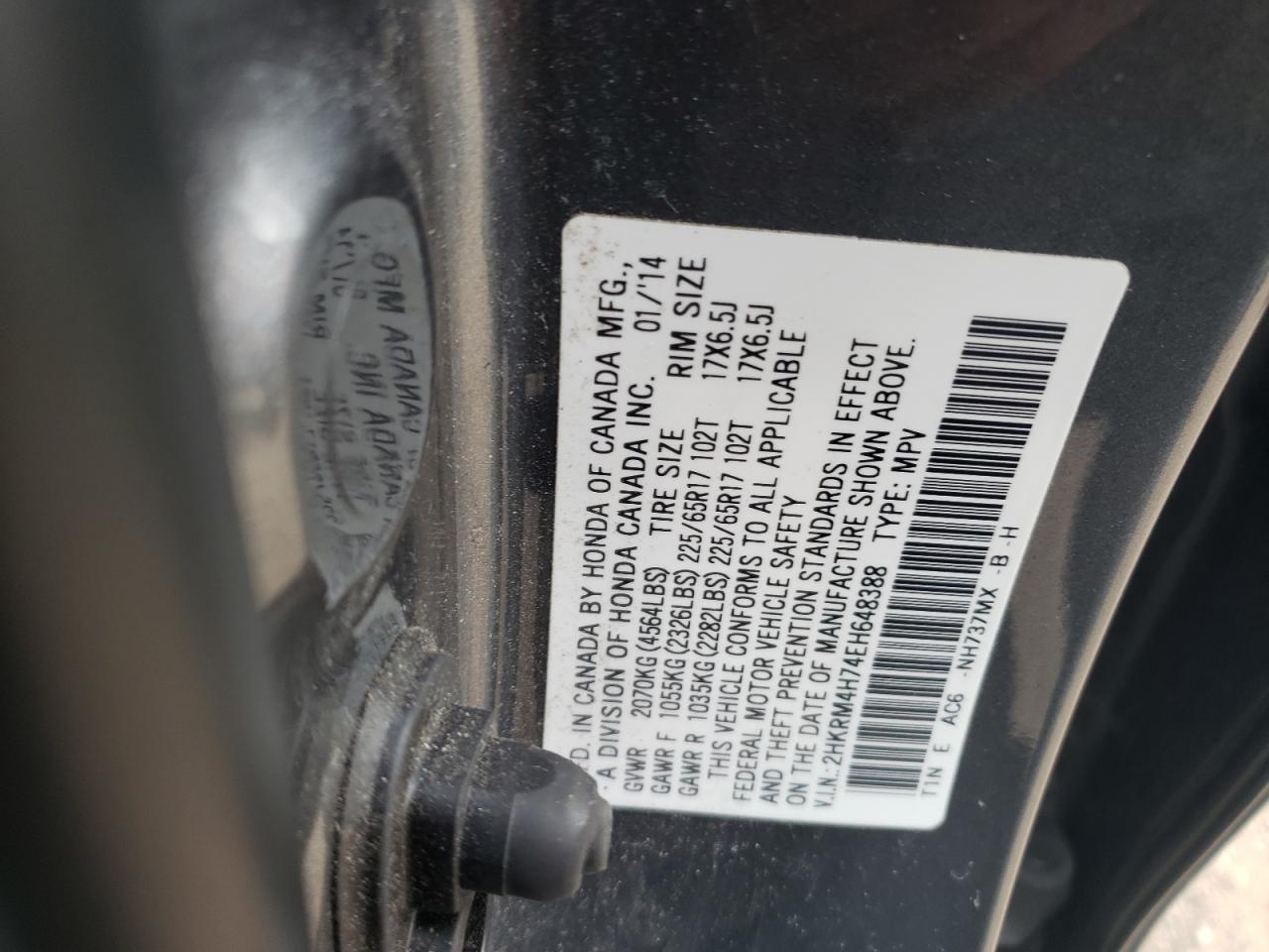 2014 Honda CR-V VIN 2HKRM4H74EH648388 Copart auction photo, rear end damage thumbnail 12