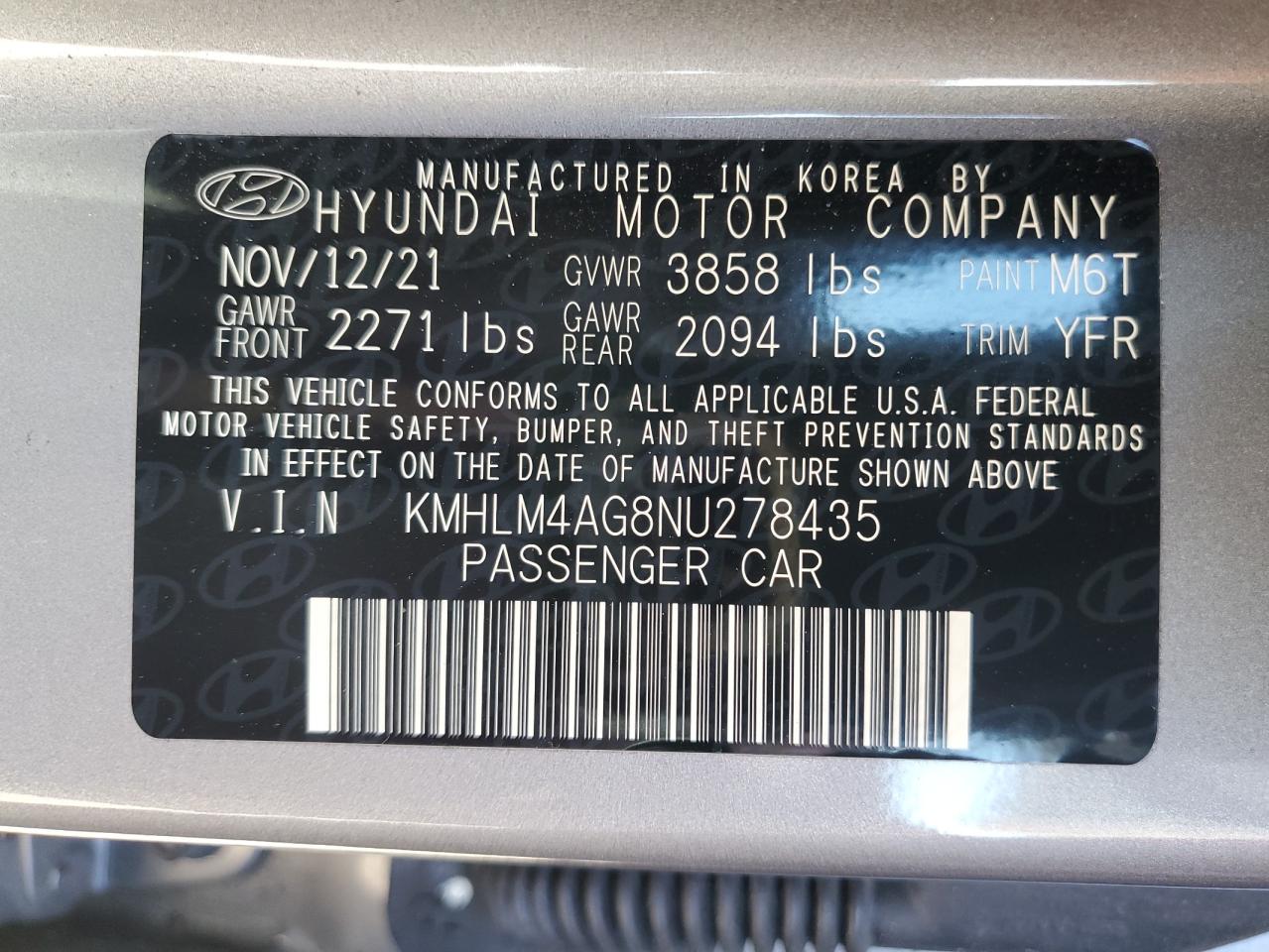 2022 Hyundai Elantra VIN KMHLM4AG8NU278435 Copart auction photo, front end / side damage thumbnail 13