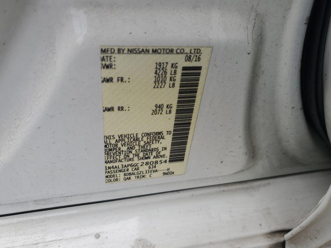 2016 Nissan Altima VIN 1N4AL3AP6GC280854 Copart auction photo, front end damage thumbnail 14