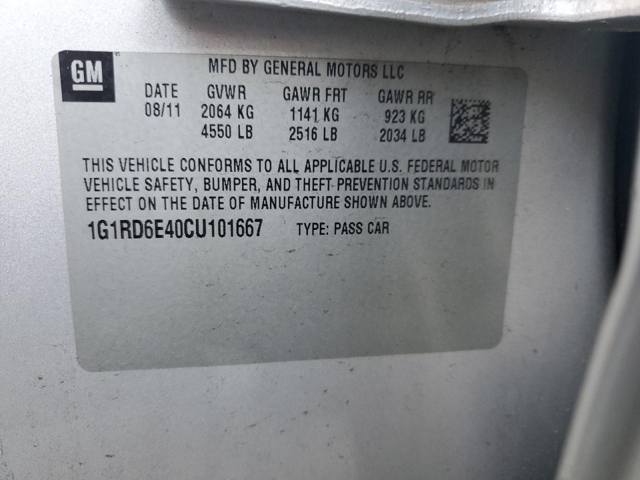 2012 Chevrolet Volt VIN 1G1RD6E40CU101667 Copart auction photo, side damage thumbnail 12