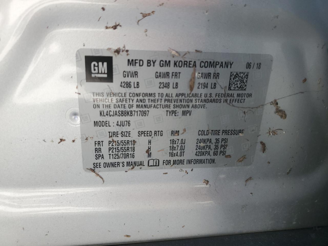2019 Buick Encore VIN KL4CJASB8KB717097 Copart auction photo, water/flood damage thumbnail 14