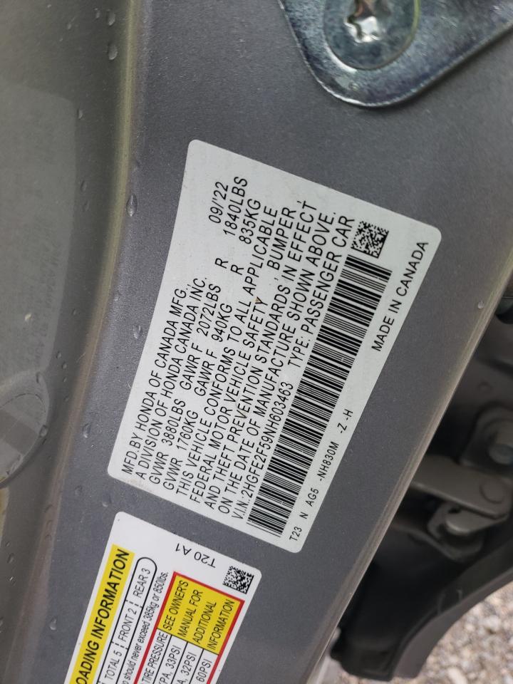 2022 Honda Civic VIN 2HGFE2F59NH603463 Copart auction photo, front end / side damage thumbnail 12