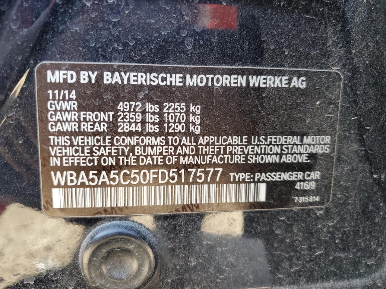 2015 BMW 5er VIN WBA5A5C50FD517577 Copart auction photo, mechanical / minor dent/scratches damage thumbnail 12