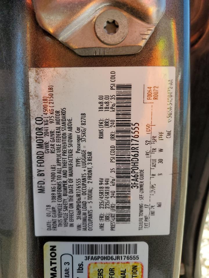 2018 Ford Fusion VIN 3FA6P0HD6JR176555 Copart auction photo, rear end / undercarriage damage thumbnail 12