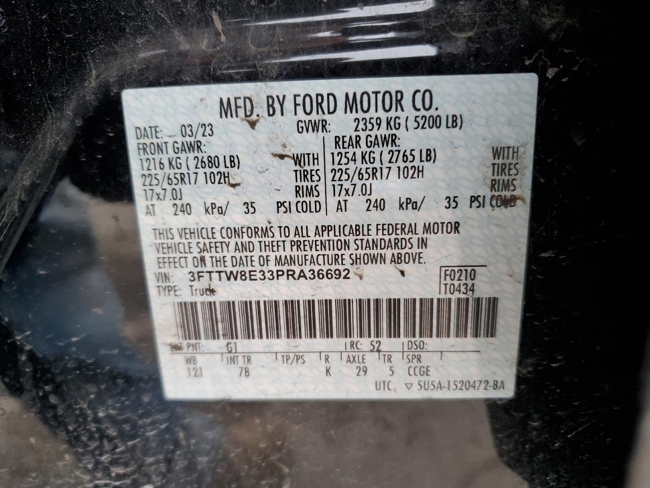 2023 Ford Maverick VIN 3FTTW8E33PRA36692 Copart auction photo, front end / hail damage thumbnail 13