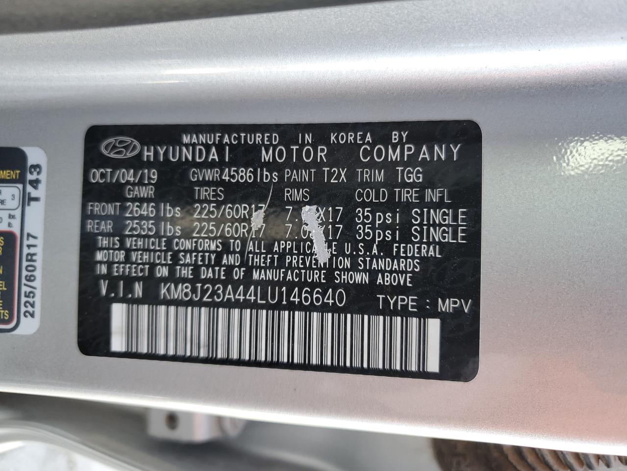 2020 Hyundai Tucson VIN KM8J23A44LU146640 Copart auction photo, all over damage thumbnail 13