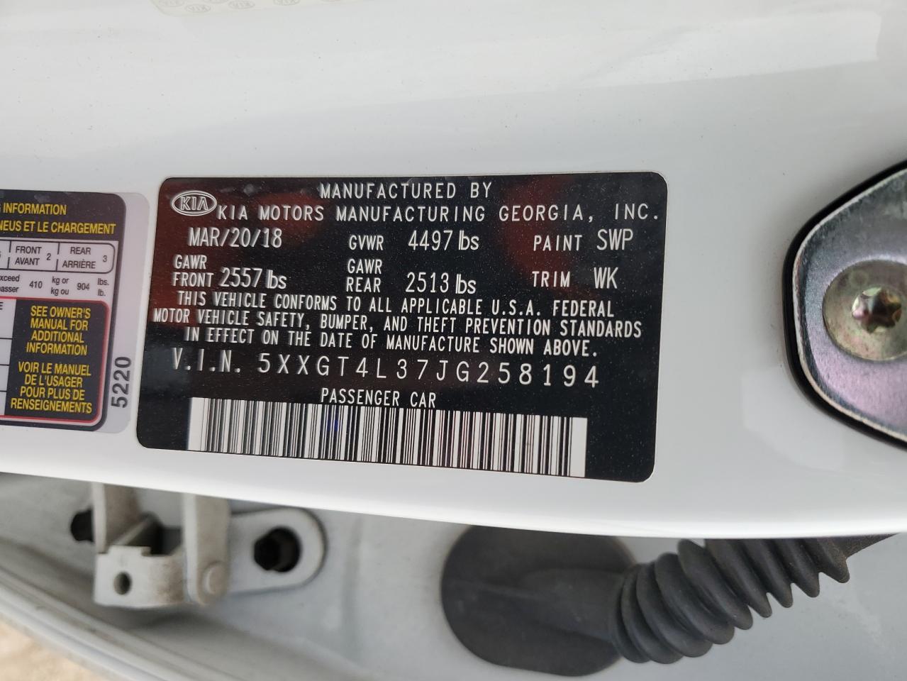 2018 KIA Optima VIN 5XXGT4L37JG258194 Copart auction photo, front end / minor dent/scratches damage thumbnail 12