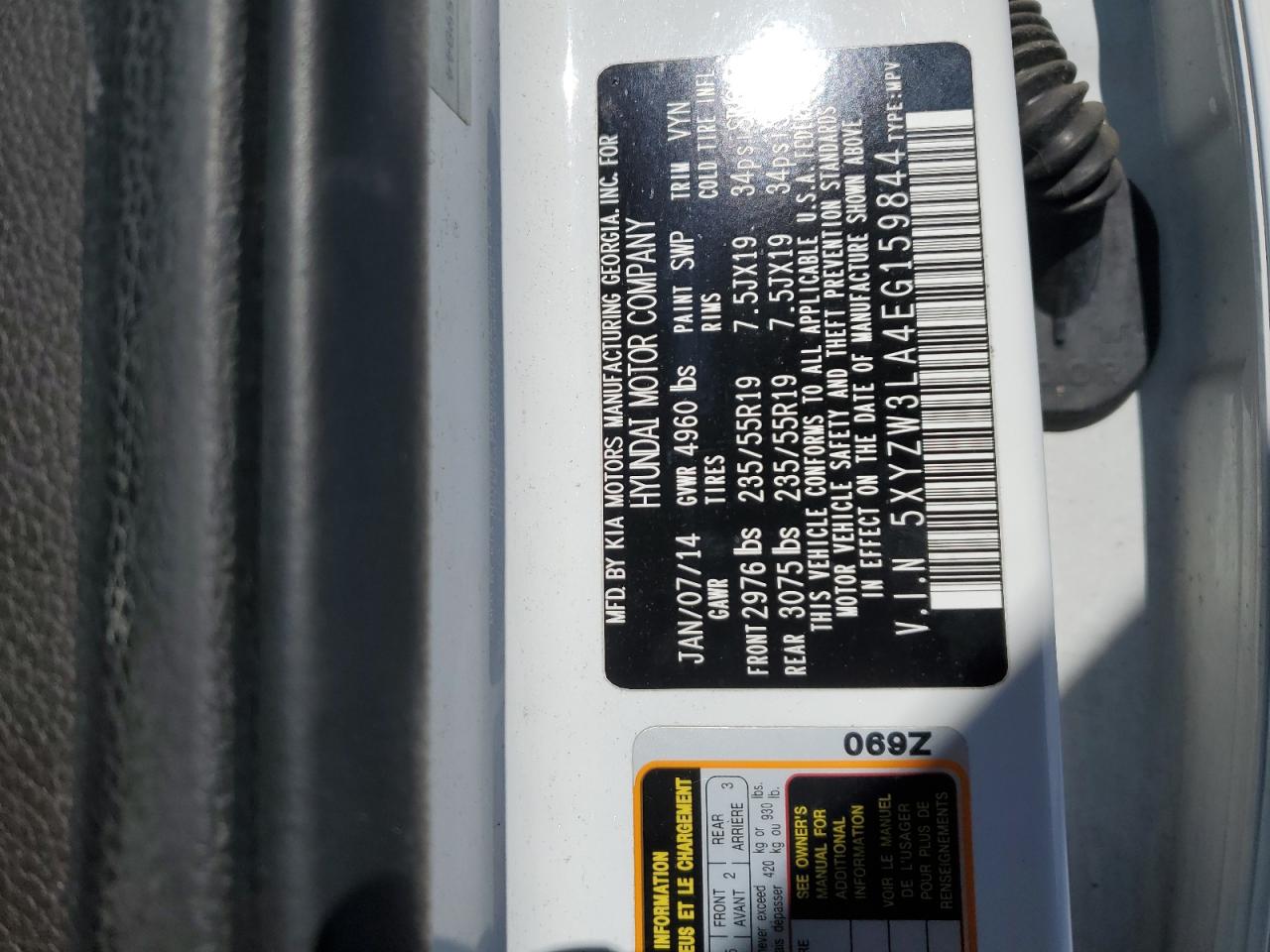 2014 Hyundai Santa Fe VIN 5XYZW3LA4EG159844 Copart auction photo, mechanical damage thumbnail 12