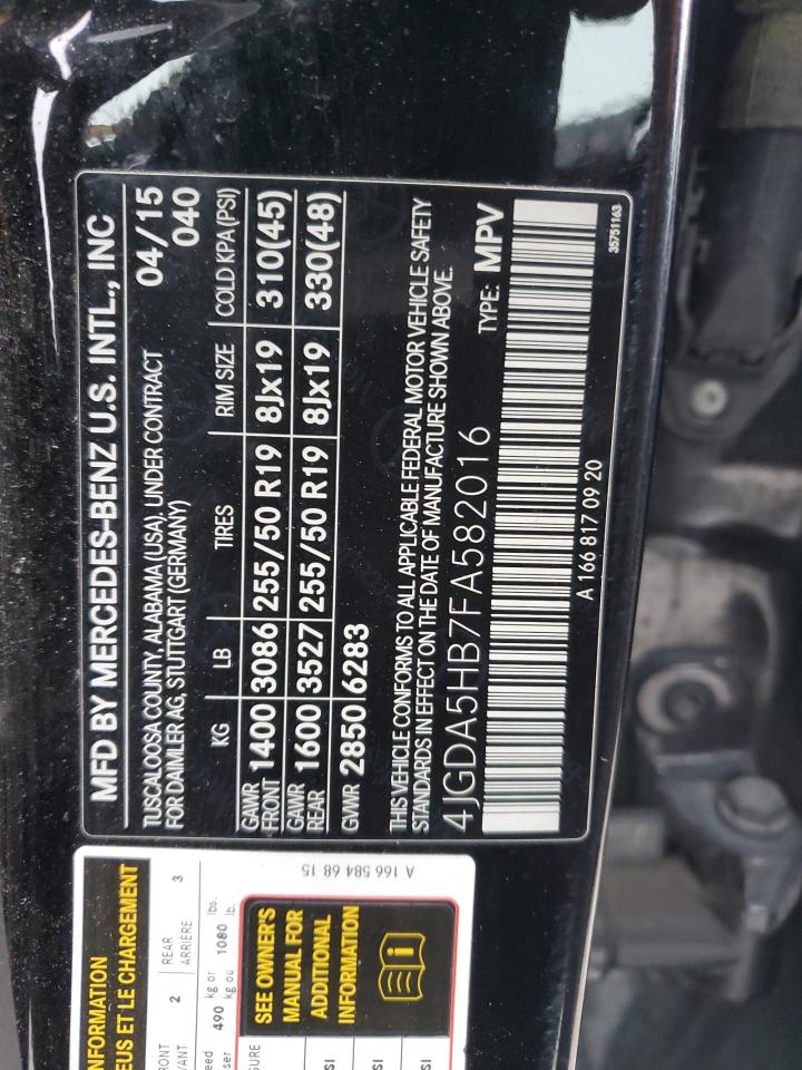 2015 Mercedes-Benz M-klasse VIN 4JGDA5HB7FA582016 Copart auction photo, front end / minor dent/scratches damage thumbnail 14
