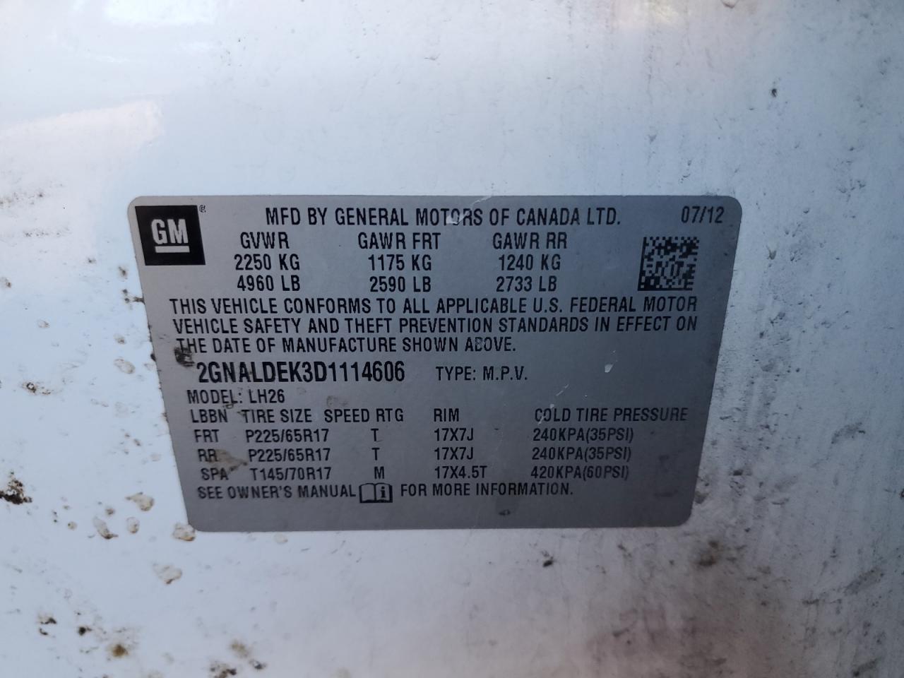 2013 Chevrolet Equinox VIN 2GNALDEK3D1114606 Copart auction photo, all over / minor dent/scratches damage thumbnail 13