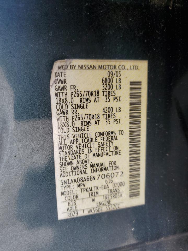 2006 Nissan Armada VIN 5N1AA08A66N706072 Copart auction photo, front end / side damage thumbnail 15