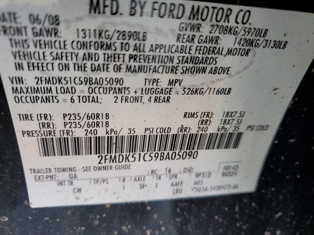 2009 Ford Flex VIN 2FMDK51C59BA05090 Copart auction photo, front end / minor dent/scratches damage thumbnail 13