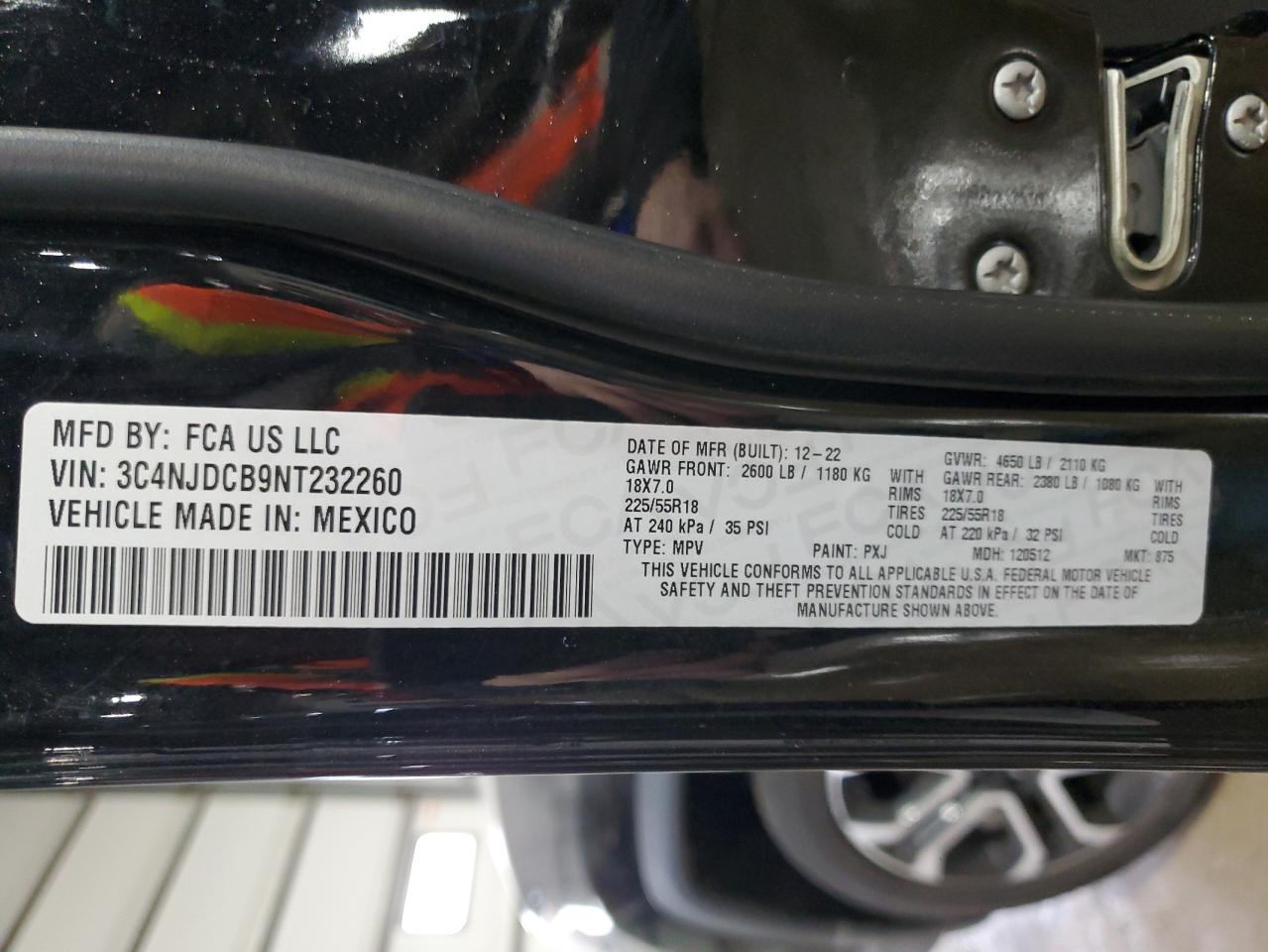 2022 Jeep Compass VIN 3C4NJDCB9NT232260 Copart auction photo, rear end / front end damage thumbnail 13