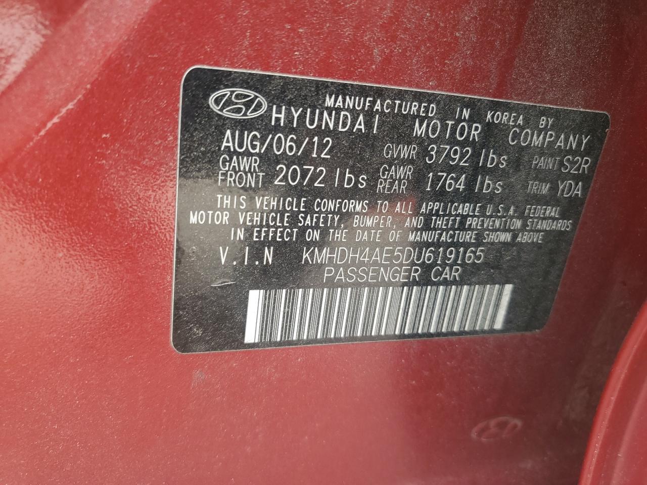 2013 Hyundai Elantra VIN KMHDH4AE5DU619165 Copart auction photo, water/flood damage thumbnail 12