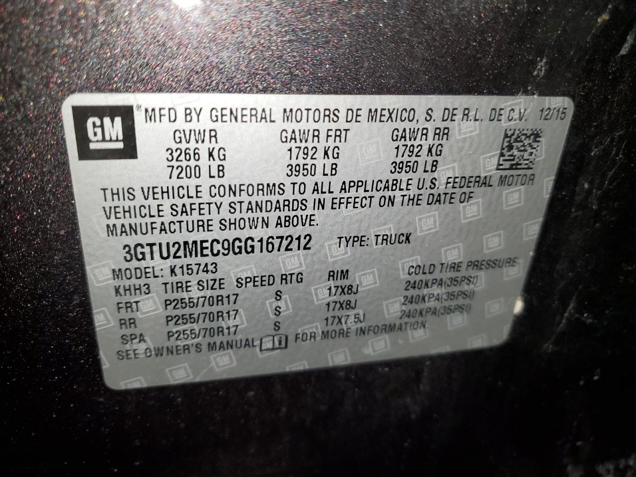2016 GMC Sierra VIN 3GTU2MEC9GG167212 Copart auction photo, rear end damage thumbnail 12