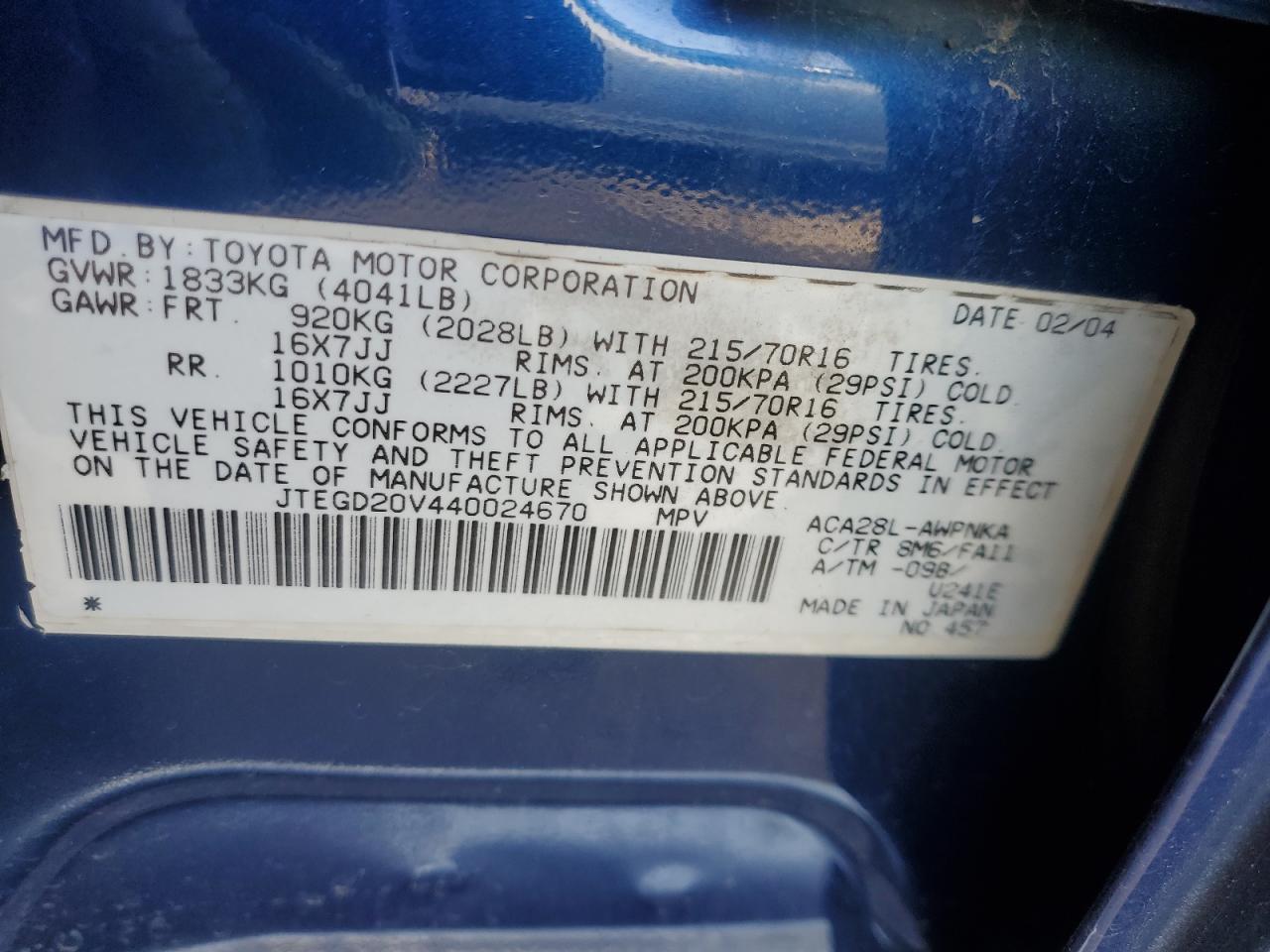 2004 Toyota RAV 4 VIN JTEGD20V440024670 Copart auction photo, minor dent/scratches / normal wear damage thumbnail 13