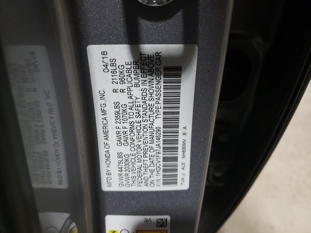 2018 Honda Accord VIN 1HGCV1F97JA146290 Copart auction photo, all over damage thumbnail 13