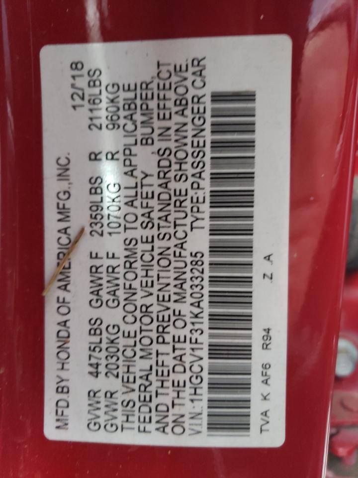 2019 Honda Accord VIN 1HGCV1F31KA033285 Copart auction photo, all over damage thumbnail 13