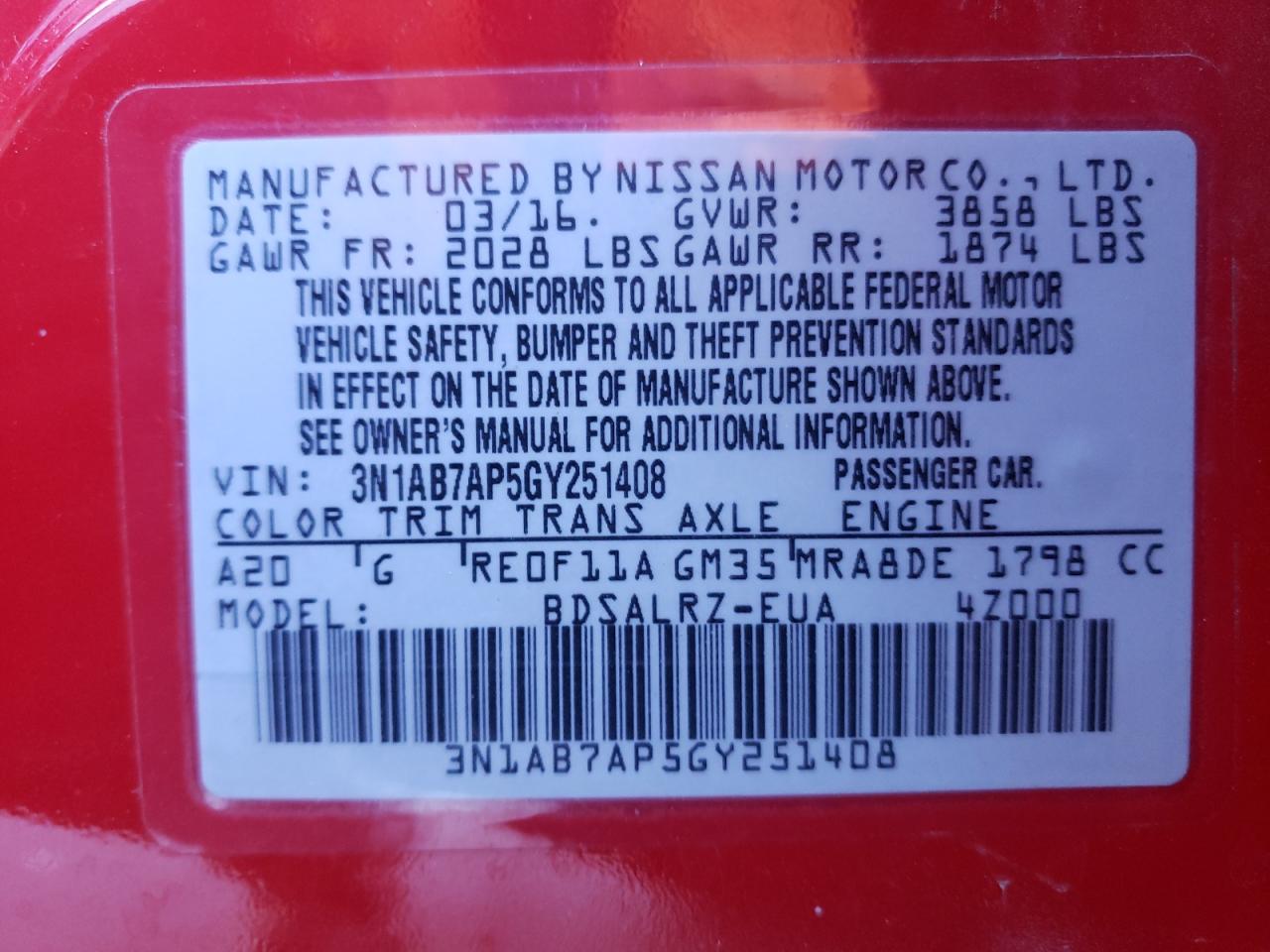 2016 Nissan Sentra VIN 3N1AB7AP5GY251408 Copart auction photo, rear end / front end damage thumbnail 12