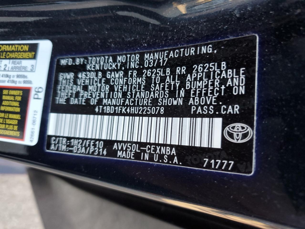 2017 Toyota Camry VIN 4T1BD1FK4HU225078 Copart auction photo, rear end / front end damage thumbnail 12