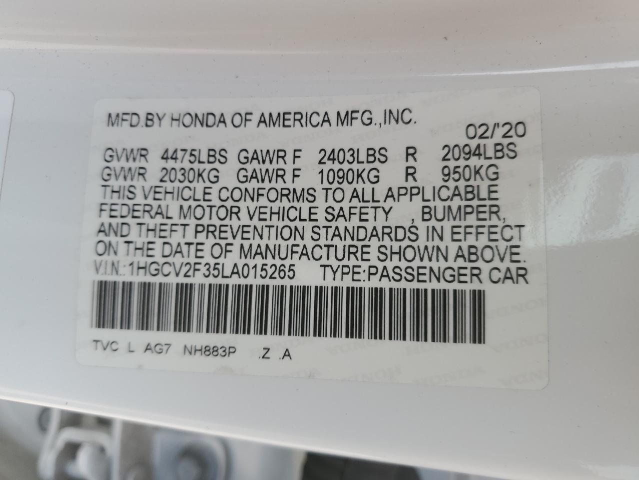 2020 Honda Accord VIN 1HGCV2F35LA015265 Copart auction photo, all over damage thumbnail 13
