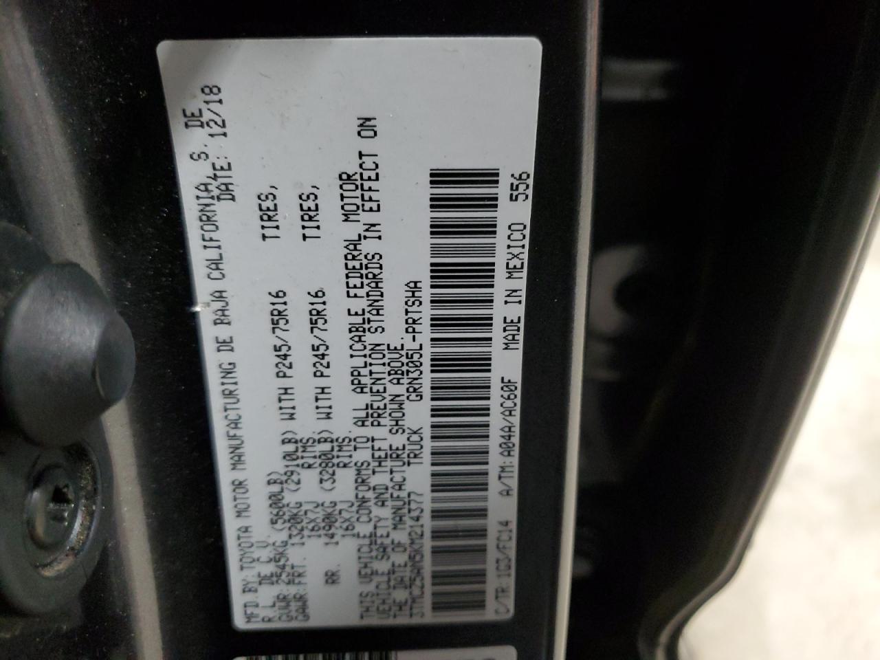 2019 Toyota Tacoma VIN 3TMCZ5AN5KM214377 Copart auction photo, rear end / frame damage damage thumbnail 12