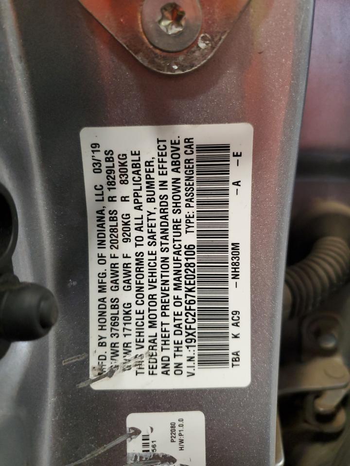 2019 Honda Civic VIN 19XFC2F67KE028106 Copart auction photo, front end damage thumbnail 12