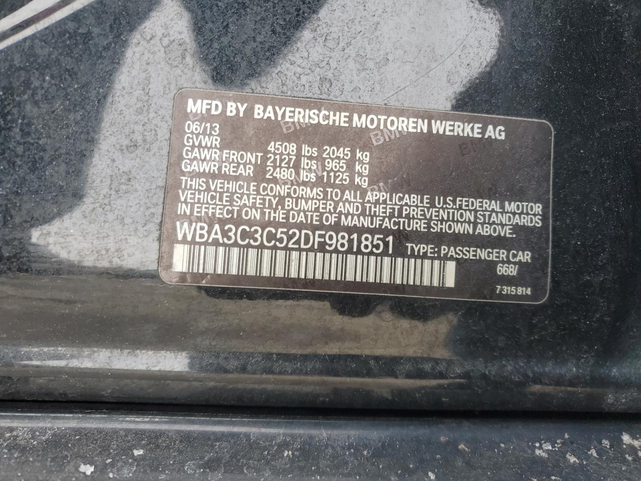2013 BMW 3er VIN WBA3C3C52DF981851 Copart auction photo, front end / side damage thumbnail 14